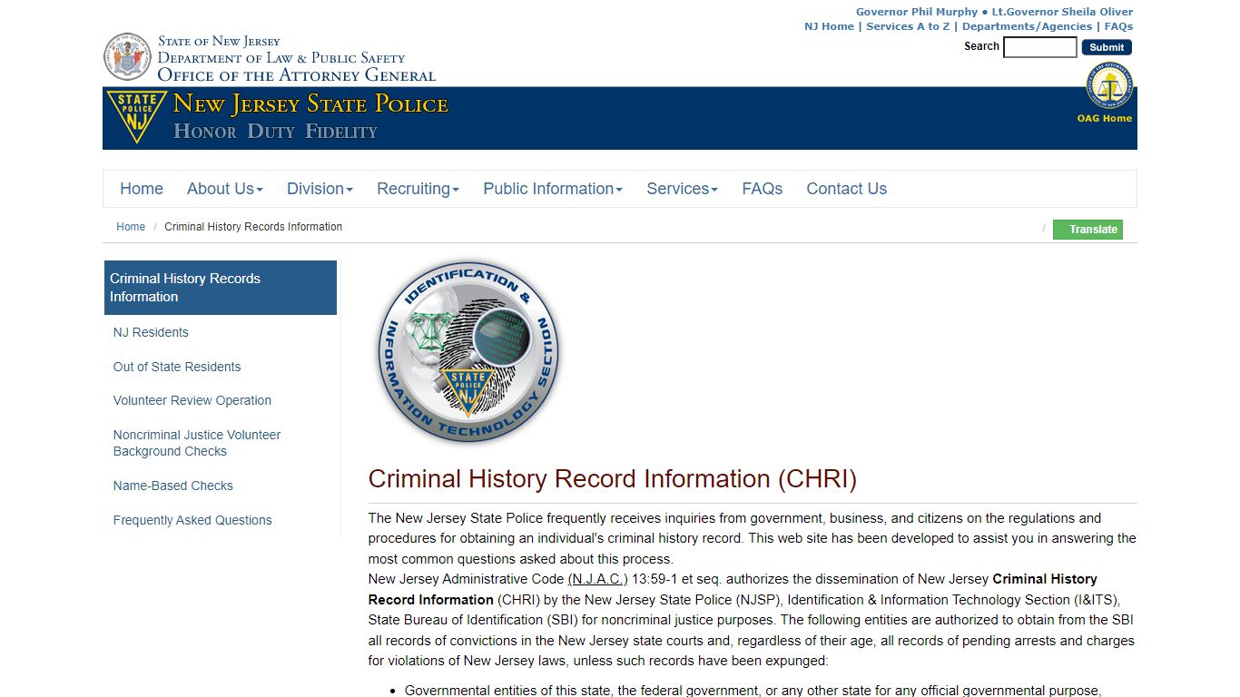 NJ Criminal History Records Information - Government of New Jersey